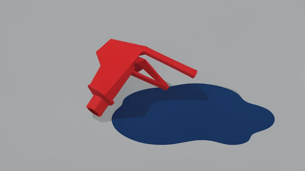A fuel pump nozzle lying on concrete next to a spilled liquid puddle