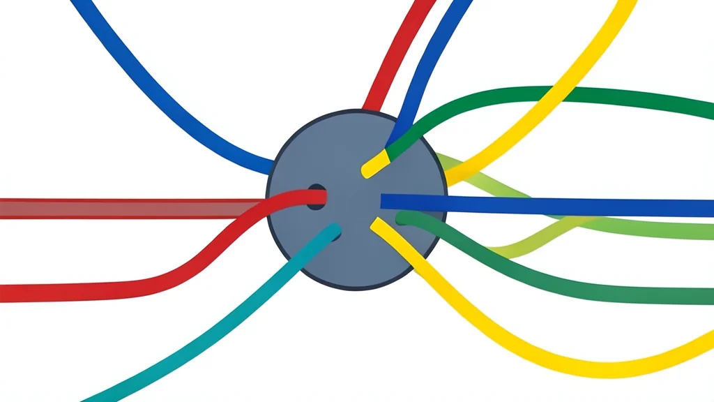 A tangled bundle of colorful cables connecting to a central hub