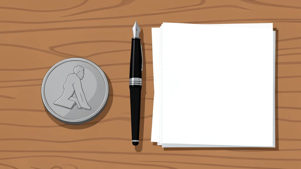 A metallic coin resting on a wooden surface beside a fountain pen.