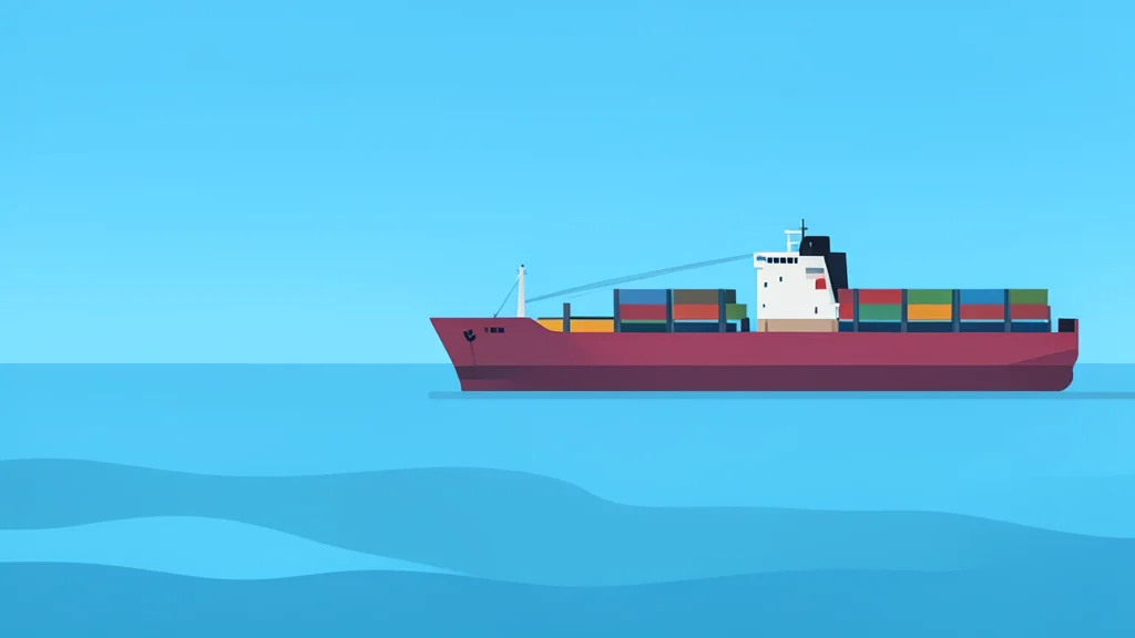 A calm harbor with a large cargo ship anchored in the distance under a clear sky