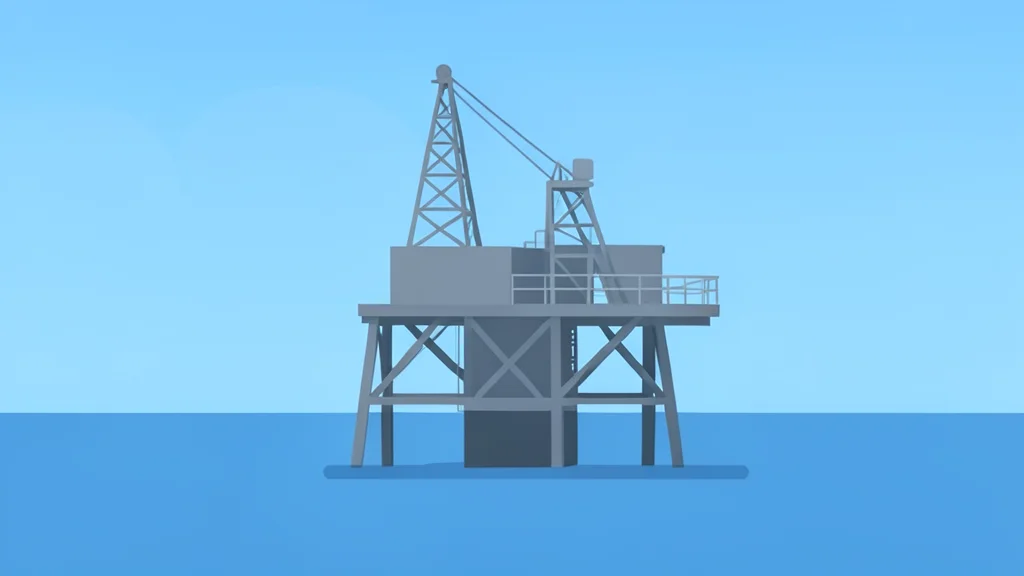 An offshore oil rig standing in calm blue water under a clear sky