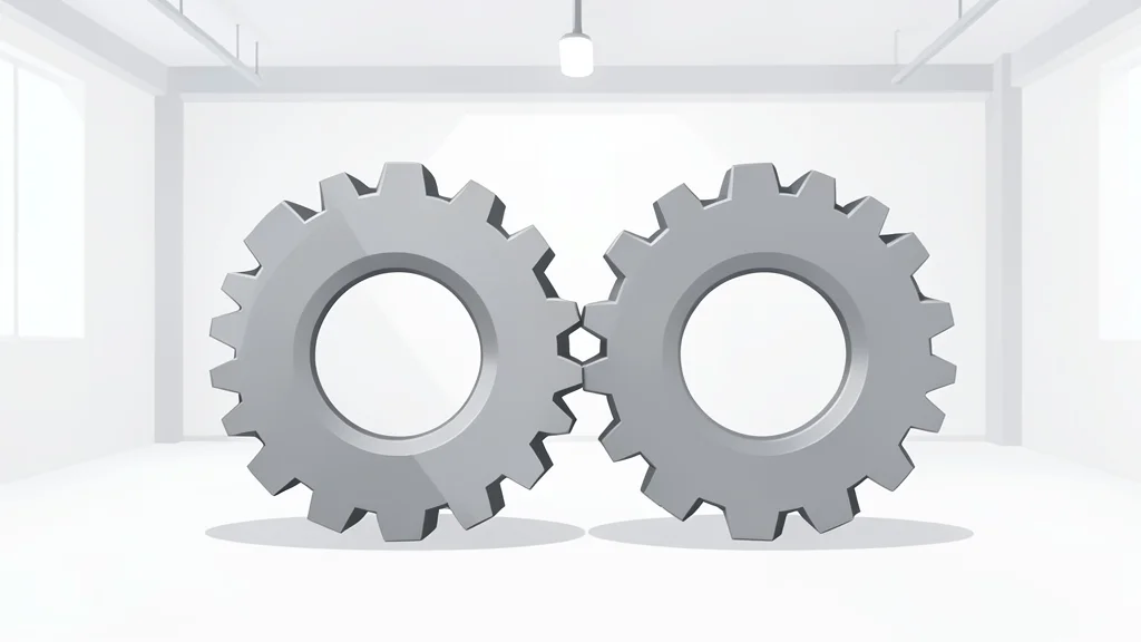 Two large metallic gears interlocking and rotating in a minimalist white industrial setting.