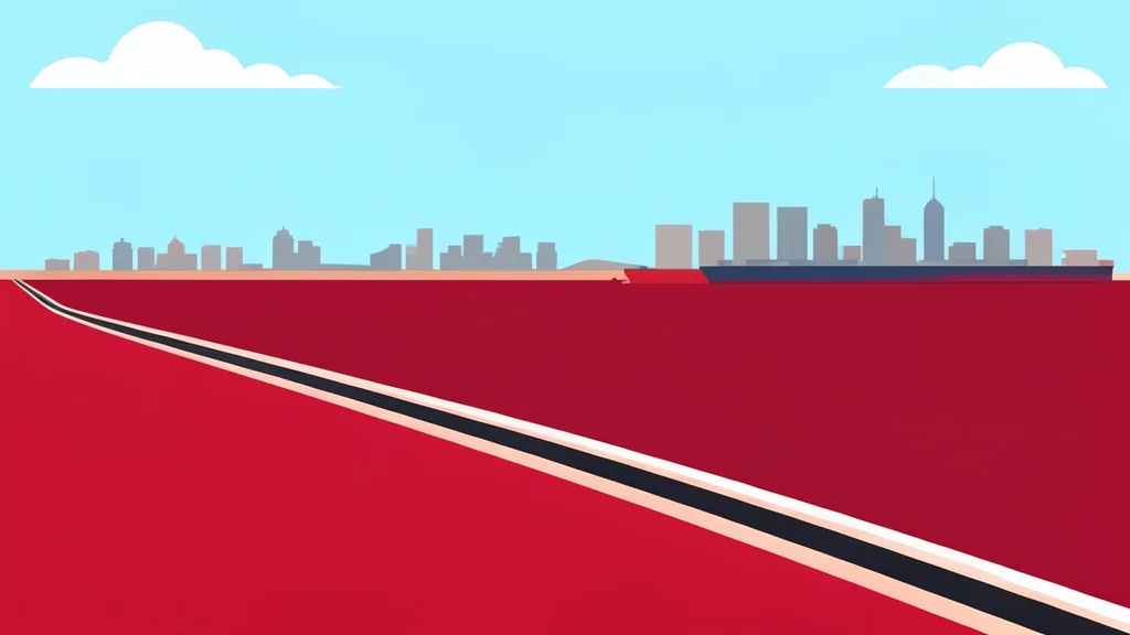 A red sea coastline with a shipping lane and a distant city skyline