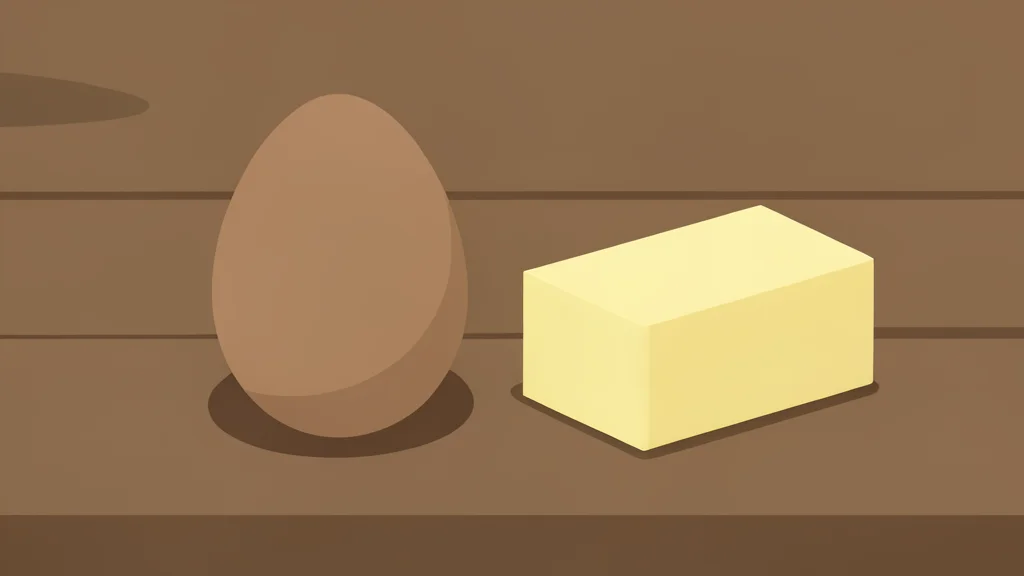 A single brown egg resting on a rustic wooden table next to a block of butter