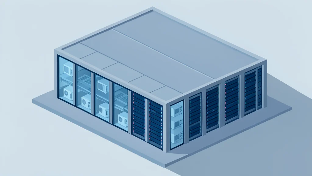 A modern data center building with visible server racks and cooling units through glass windows.