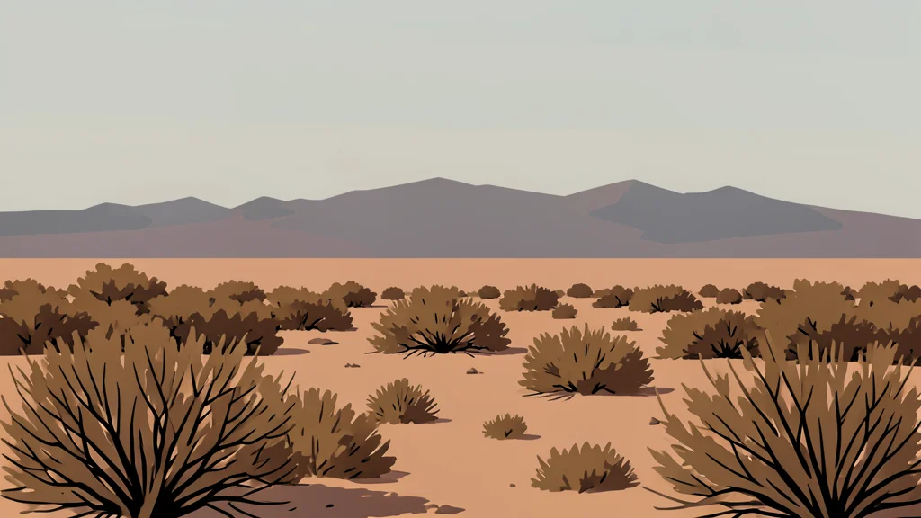 A flat-vector illustration of a rugged, arid landscape with dry scrub brush and a distant mountain range under a hazy sky, featuring no text or identifiable people.