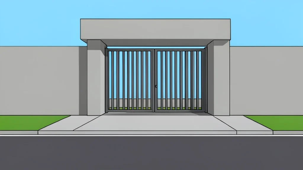 A concrete building entrance with a metal security gate and a paved street
