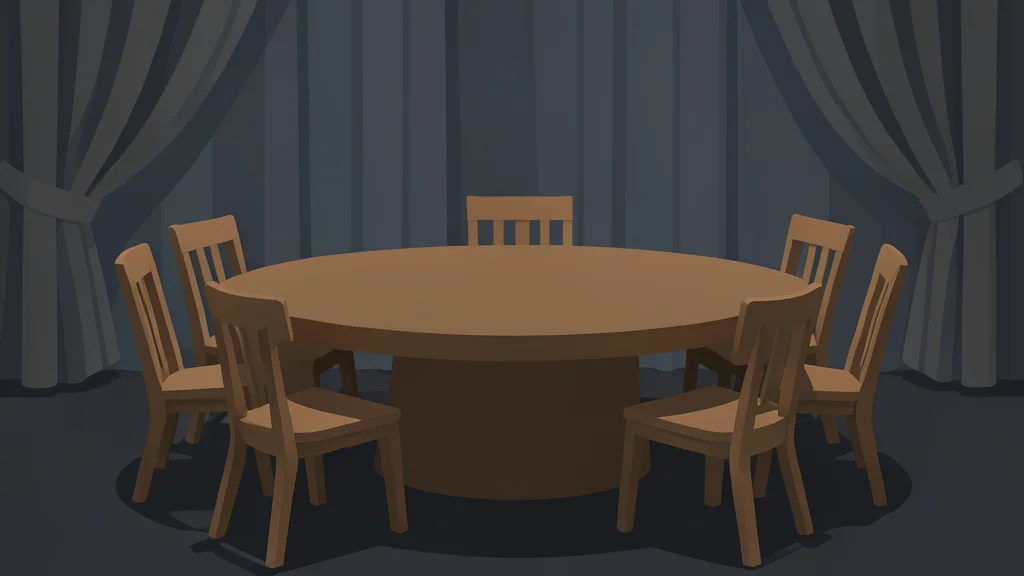 A large, circular wooden table with empty chairs arranged around it, set in a dimly lit room with heavy curtains in the background.