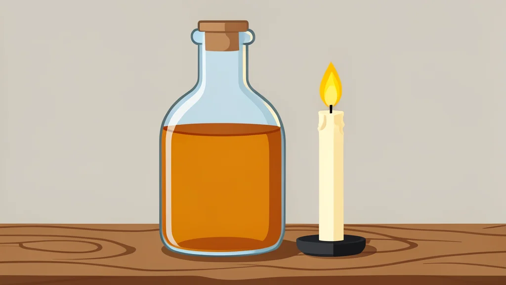A glass bottle of amber liquid oil on a wooden table beside a lit candle flame.