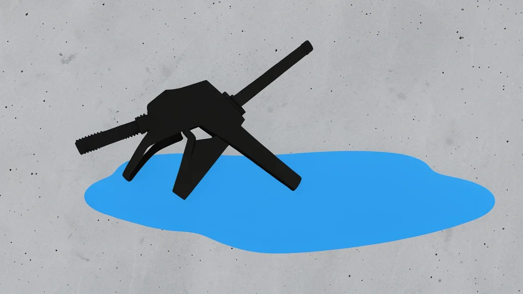 A fuel pump nozzle lying on a concrete surface beside a puddle of gasoline