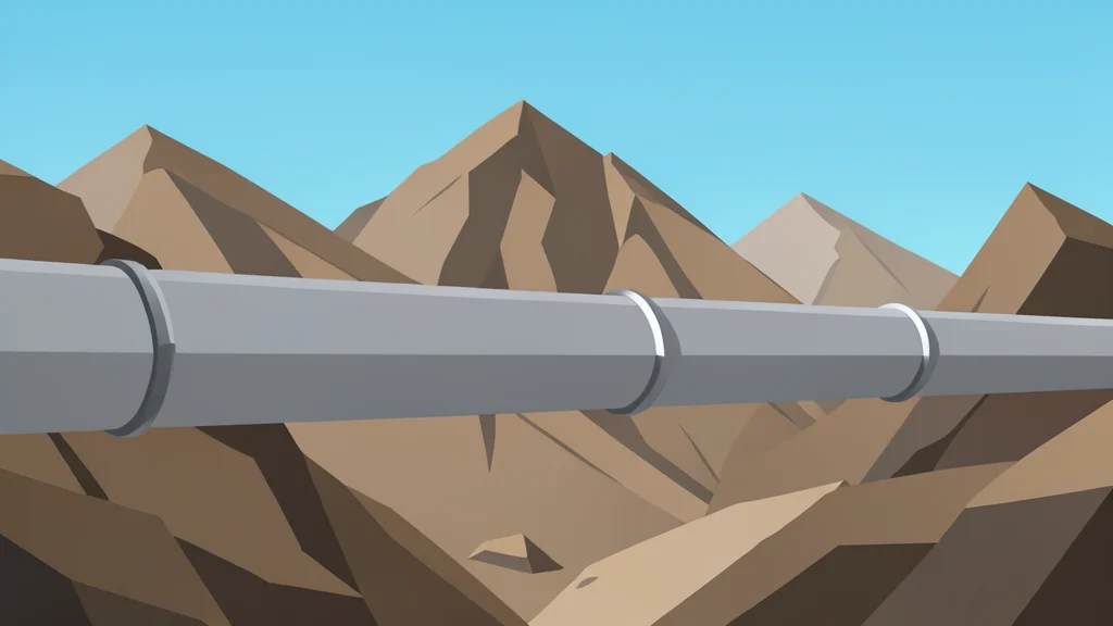 A network of large-diameter steel pipelines stretching across a rugged, rocky mountain landscape under a clear sky.