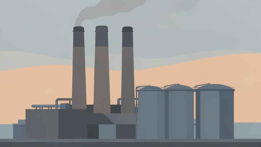 A large industrial oil refinery complex with tall smokestacks and storage tanks against a hazy sky