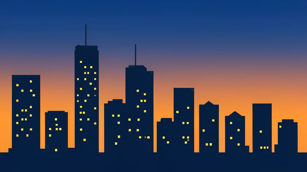 A calm, expansive view of a modern city skyline at dusk with lights beginning to turn on