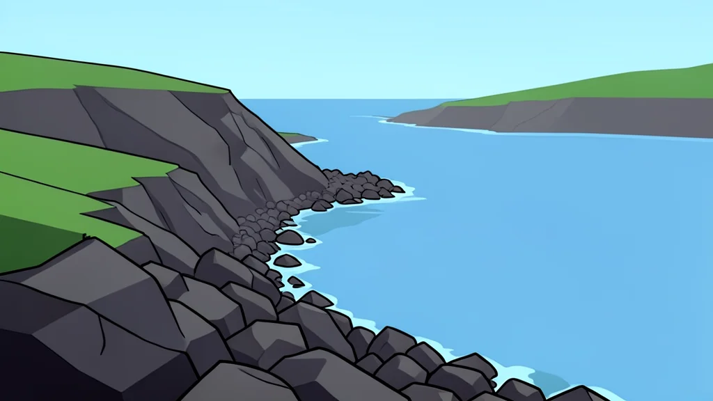 A rocky coastline meeting the sea with a narrow strait in the distance