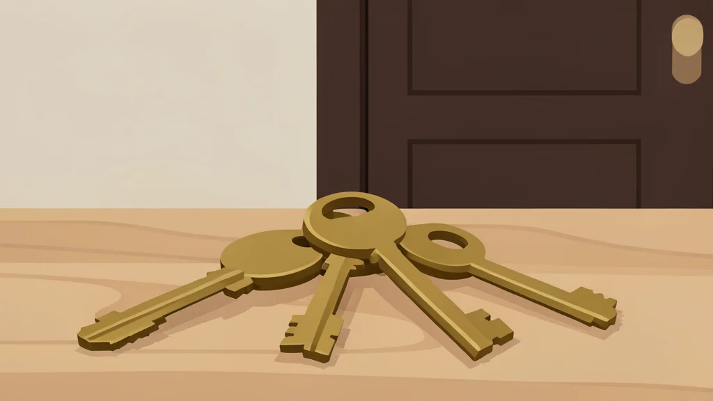 A set of brass house keys resting on a wooden table next to a closed door.