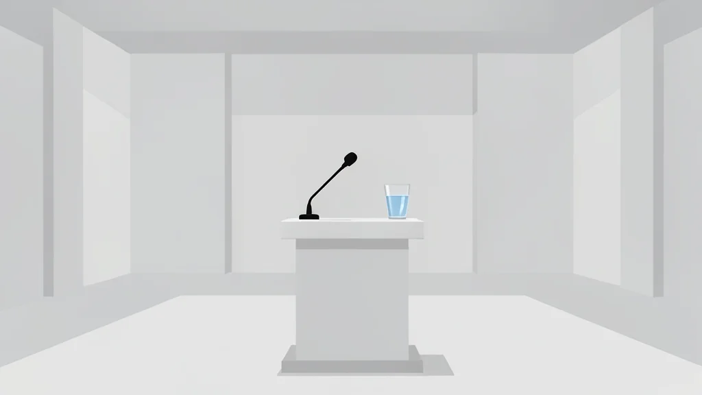 A diplomatic podium in a large assembly hall with a microphone and a glass of water