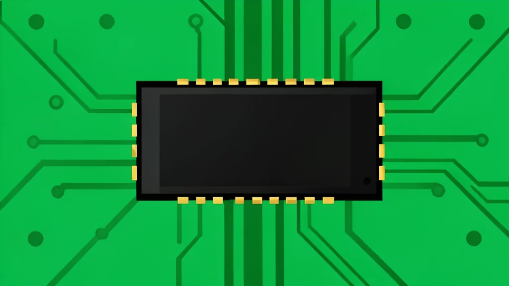 A flat vector illustration of a green circuit board with a central rectangular microchip featuring gold contact pads.