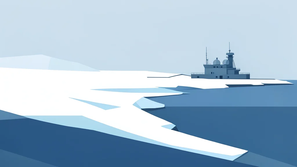 A snow-covered arctic coastline with a distant military radar station