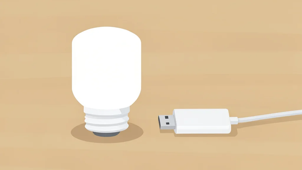 A small cylindrical smart light bulb and a USB dongle rest on a wooden shelf.