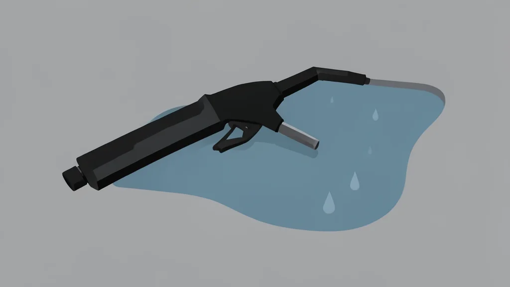 A gas pump nozzle resting on a concrete surface next to a puddle of rainwater