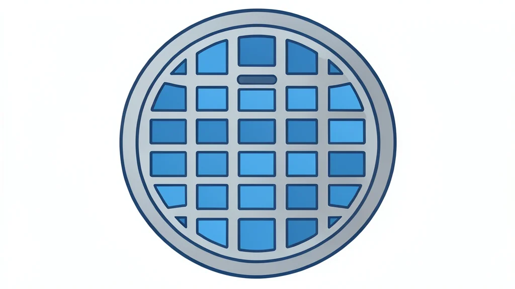 A close-up view of a silicon wafer with a grid of square chips