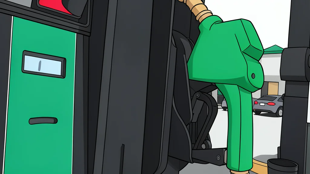 A red fuel pump nozzle lies on a gray concrete surface next to a pile of white shopping bags.