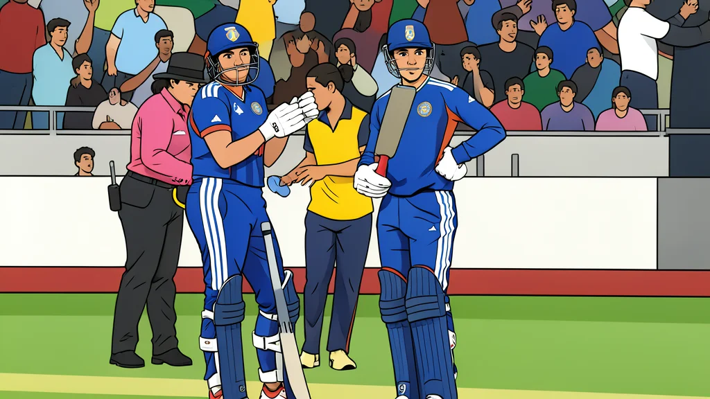A flat-vector illustration of a cricket pitch with a wicket, surrounded by a grassy field under an open sky.