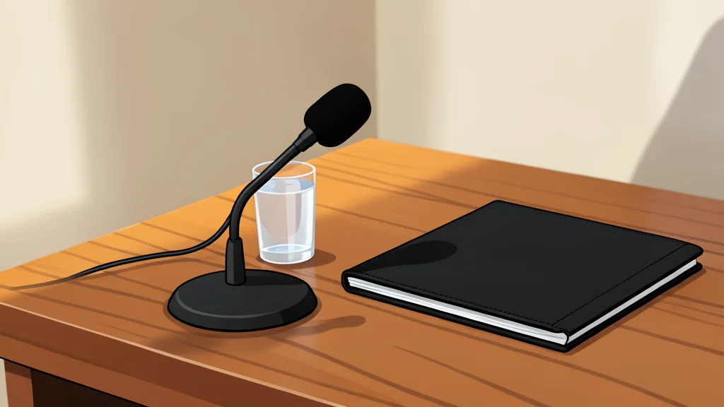 A diplomatic round table with microphones and water glasses in a neutral room