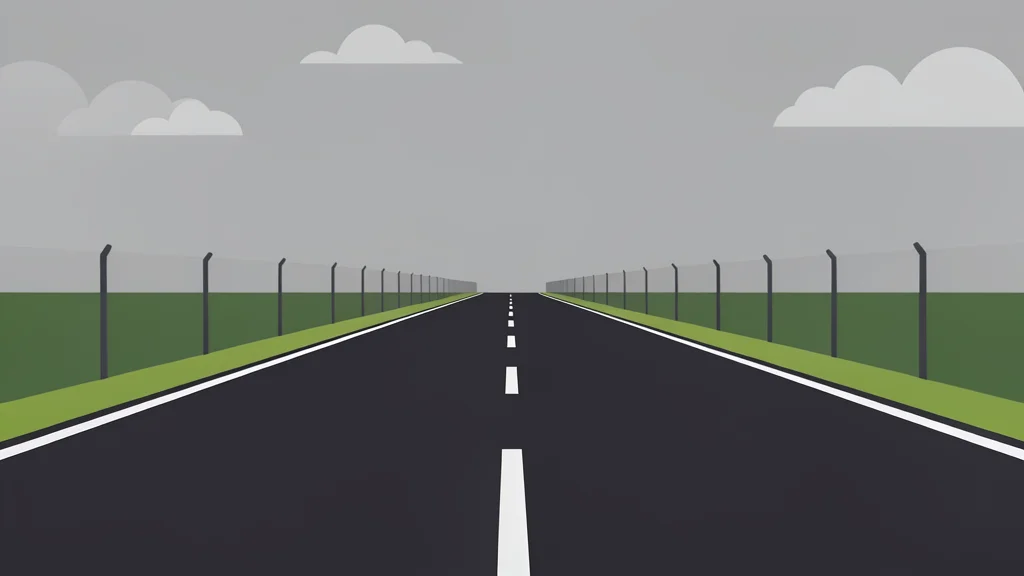 A long, empty highway stretching toward a distant border fence under a grey sky