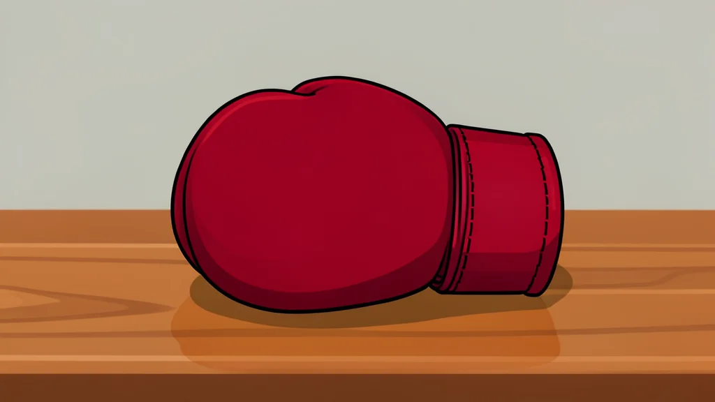 A pair of red leather boxing gloves resting on a wooden table