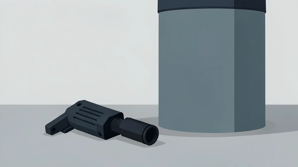 A heavy-duty diesel fuel pump nozzle resting on a concrete surface next to a large industrial fuel tank.