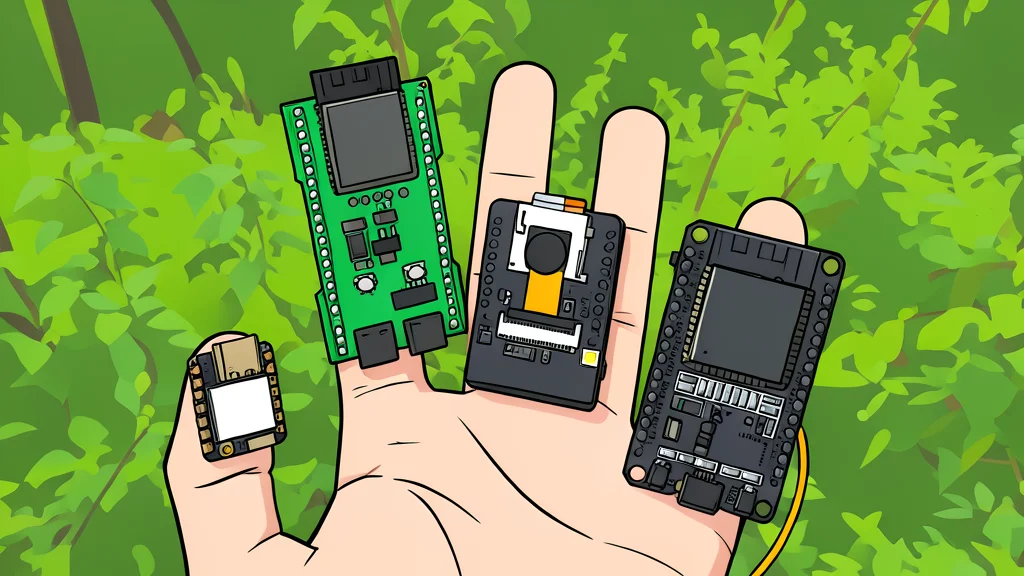 A small green circuit board with a silver chip and a tiny black sensor module attached to it, resting on a wooden workbench next to a coil of black wire.