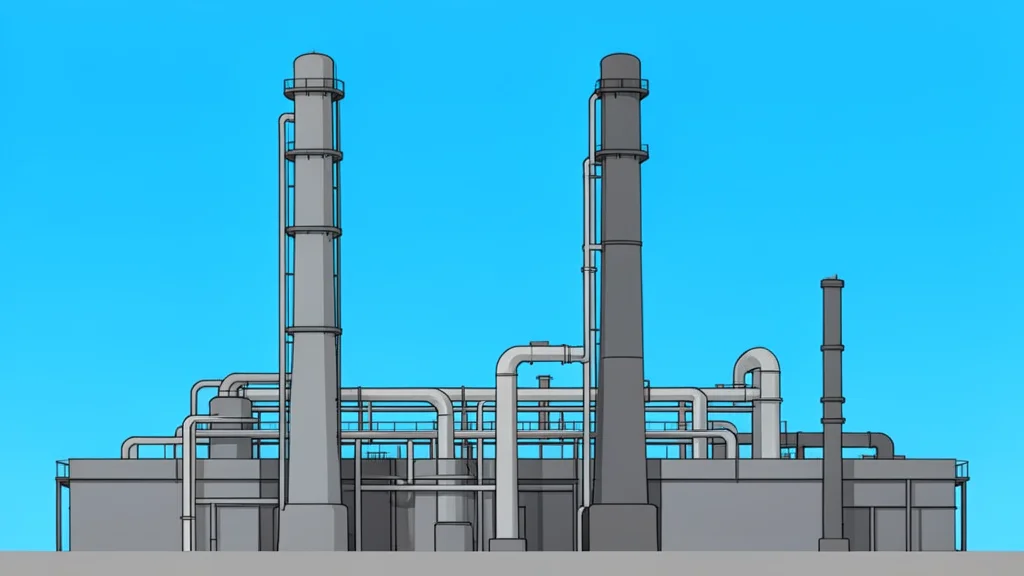 A large industrial refinery complex with tall distillation towers and piping against a clear sky