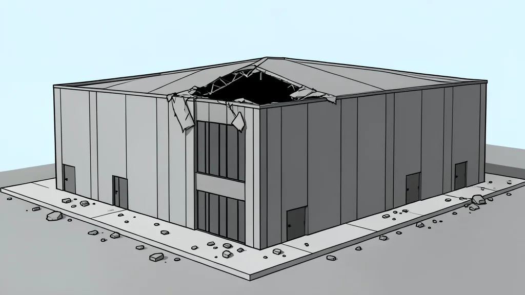 A large, modern server building with a damaged roof section and scattered debris on the surrounding concrete pavement