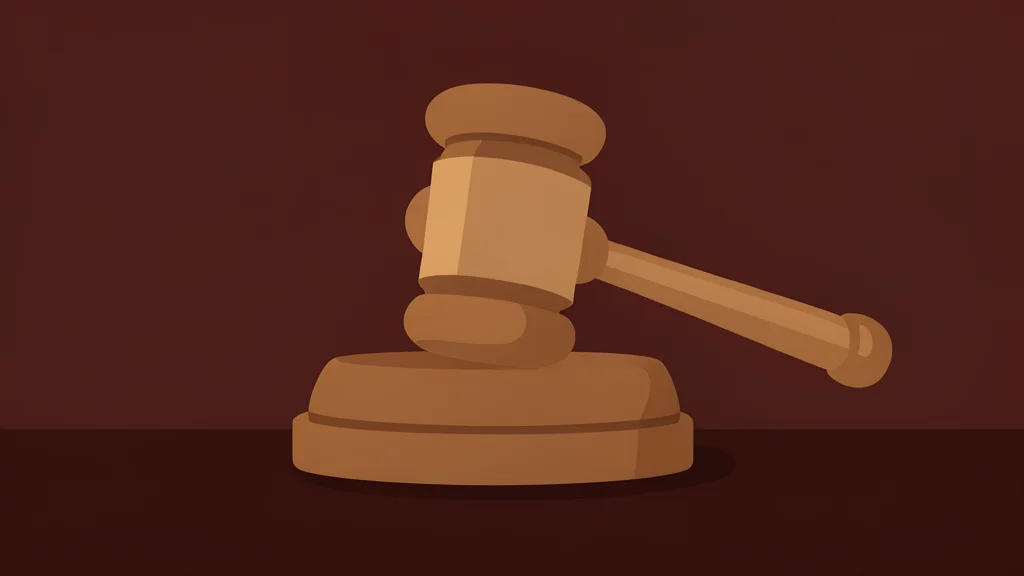 A wooden gavel resting on a dark mahogany desk surface