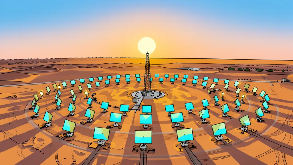 A vast field of reflective mirrors in a desert landscape focusing light onto a central tower