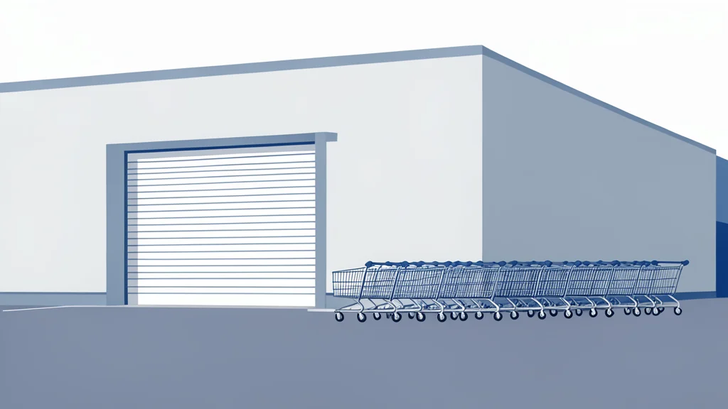 A large warehouse storefront with a row of shopping carts parked outside