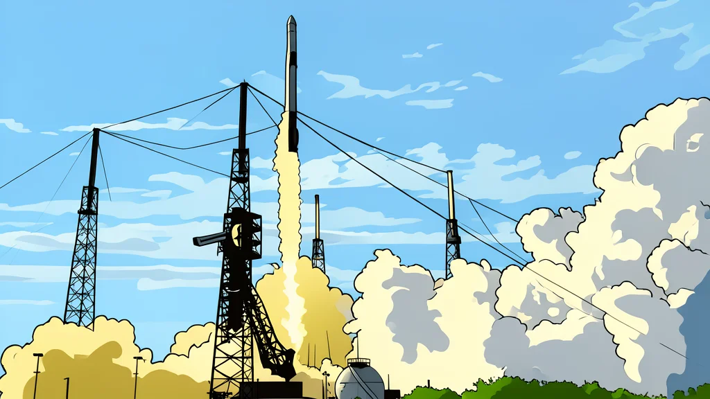 A white rocket standing vertically on a concrete launch pad surrounded by green vegetation