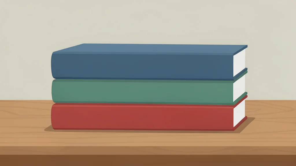 A stack of hardcover books on a wooden desk