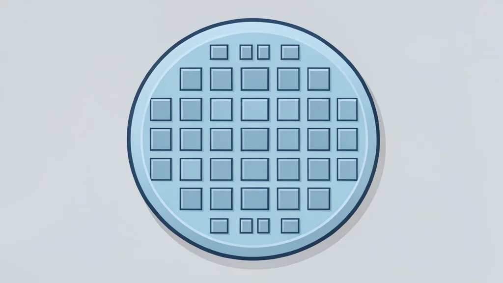 A close-up view of a silicon wafer with a grid of square chips, resting on a clean laboratory surface.