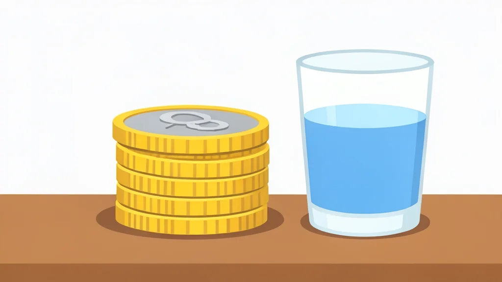 A stack of gold and silver coins resting on a wooden desk next to a glass of water