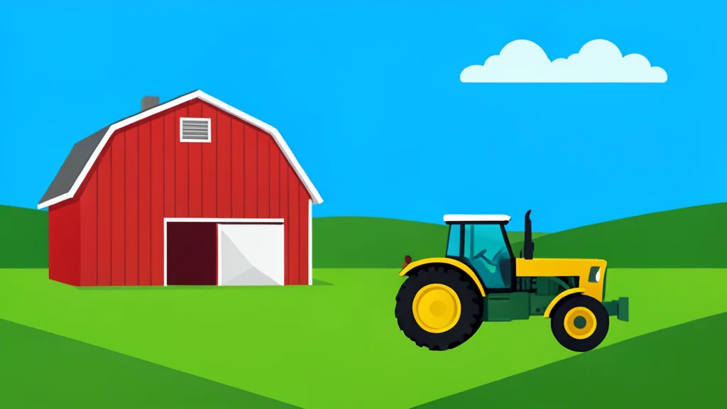 A flat-vector illustration of a rural farm landscape featuring a red barn and a tractor in the foreground.