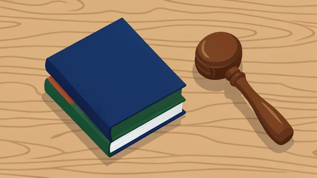 A minimalist vector illustration of a wooden desk surface featuring a neat stack of thick, hardcover books in muted earth tones and a wooden gavel resting beside them, symbolizing legal authority and scholarly review without any text or logos.