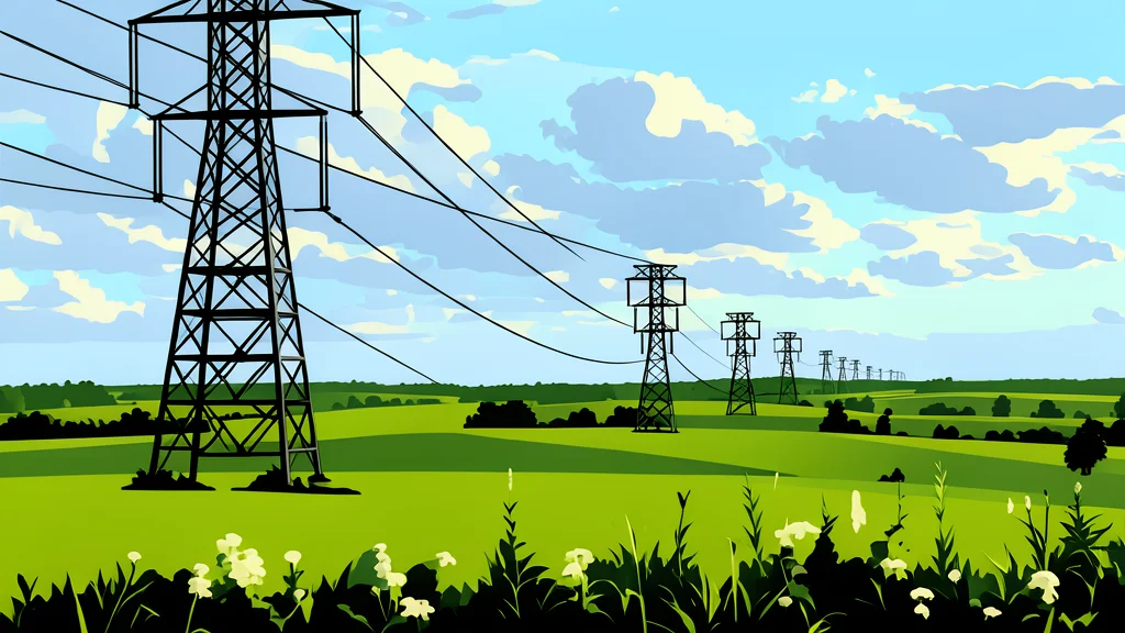 A high-voltage transmission tower standing in a grassy field under a clear sky