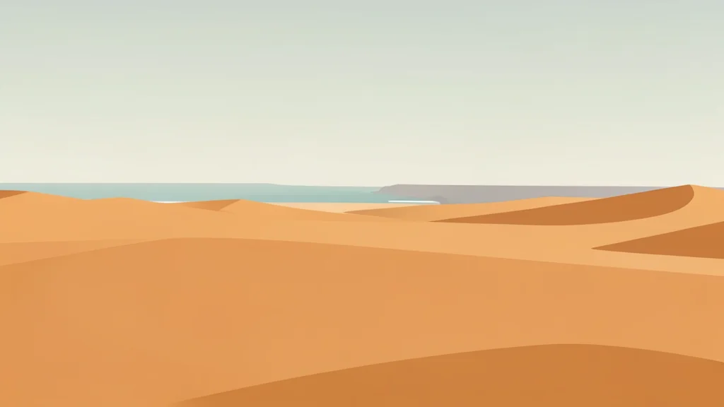 A vast, arid desert landscape stretching toward a distant coastline under a hazy sky