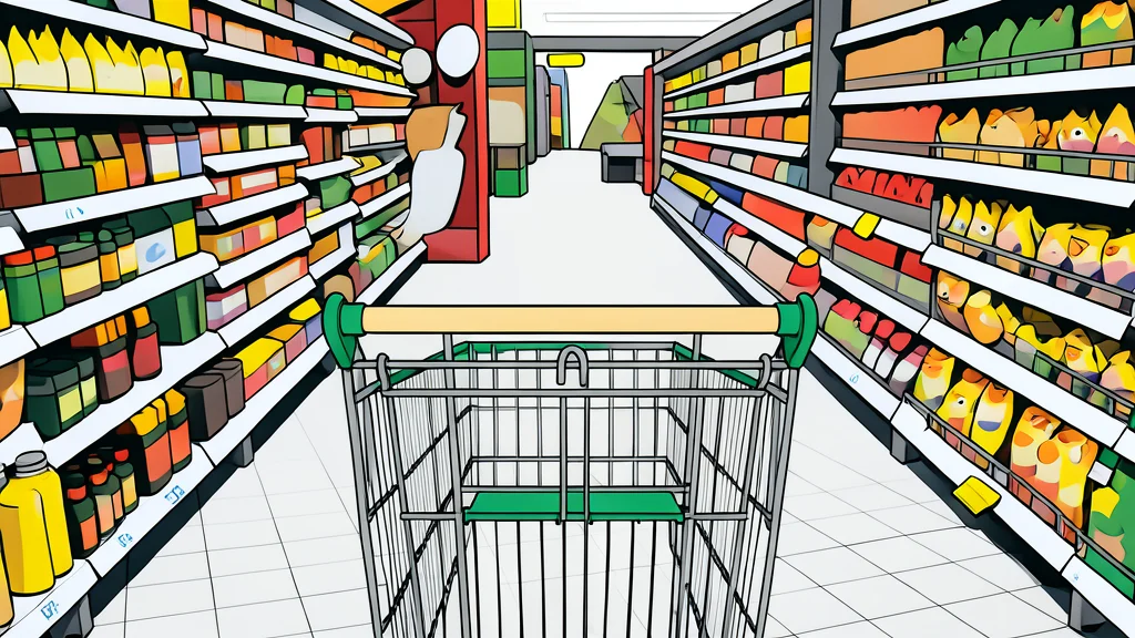 A neatly arranged shelf of generic white household cleaning bottles and boxes in a bright, empty retail aisle