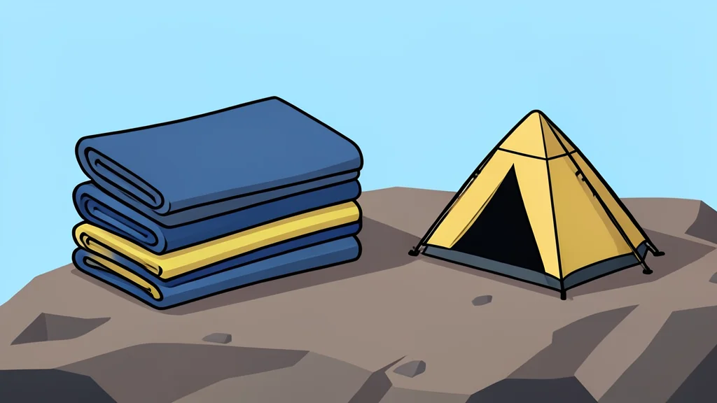 A stack of folded thermal blankets and a small tent pitched on a rocky hillside