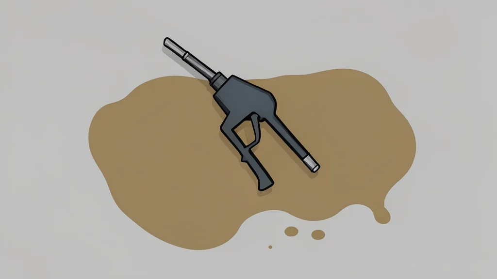 A fuel pump nozzle resting on a concrete surface next to a puddle of spilled liquid