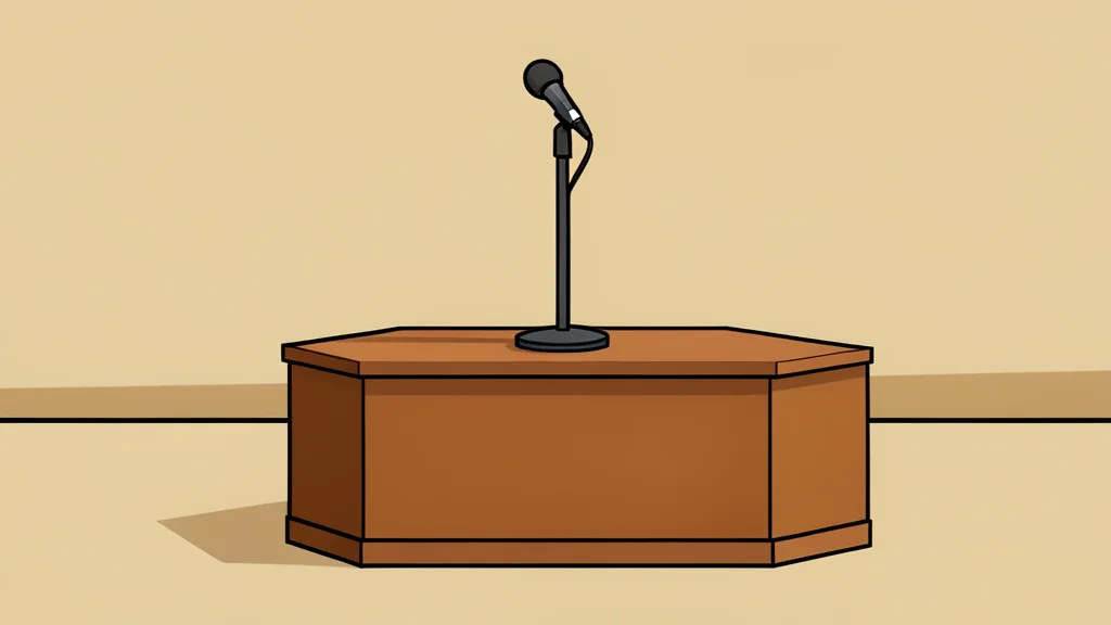 A wooden podium in a community hall with a microphone stand