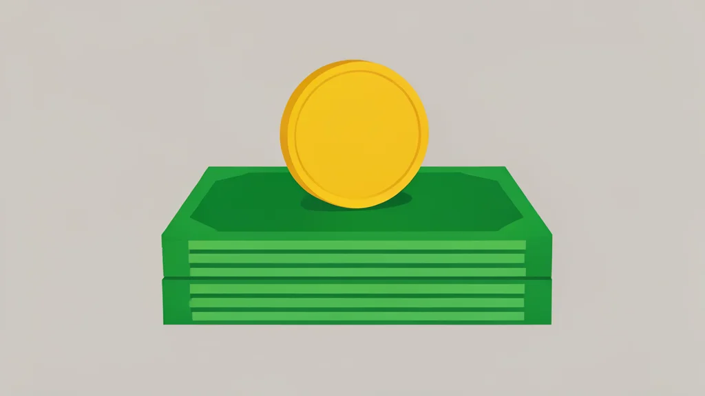 A digital coin resting on a stack of paper currency